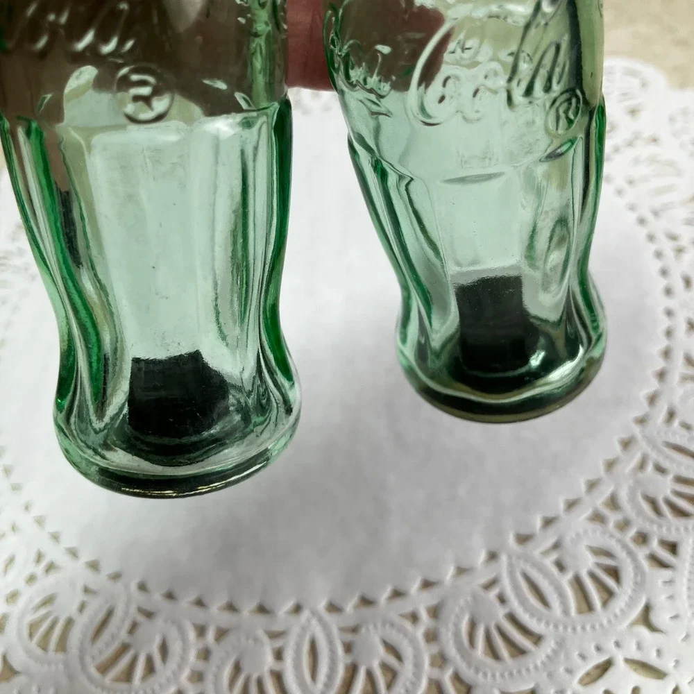 Coca-Cola Salt and Pepper Shakers Glass Bottle Set 4.5in Green New Old Stock